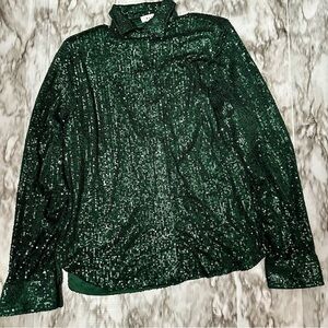Mable Women’s Sz 6 Hidden Button Forest Green Sparkling Shirt Holiday Party NYE